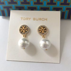 Tory Burch Jewelry - New Tory Burch crystal logo pearl earrings Tory Burch Jewelry - New Tory Burch crystal logo pearl earrings